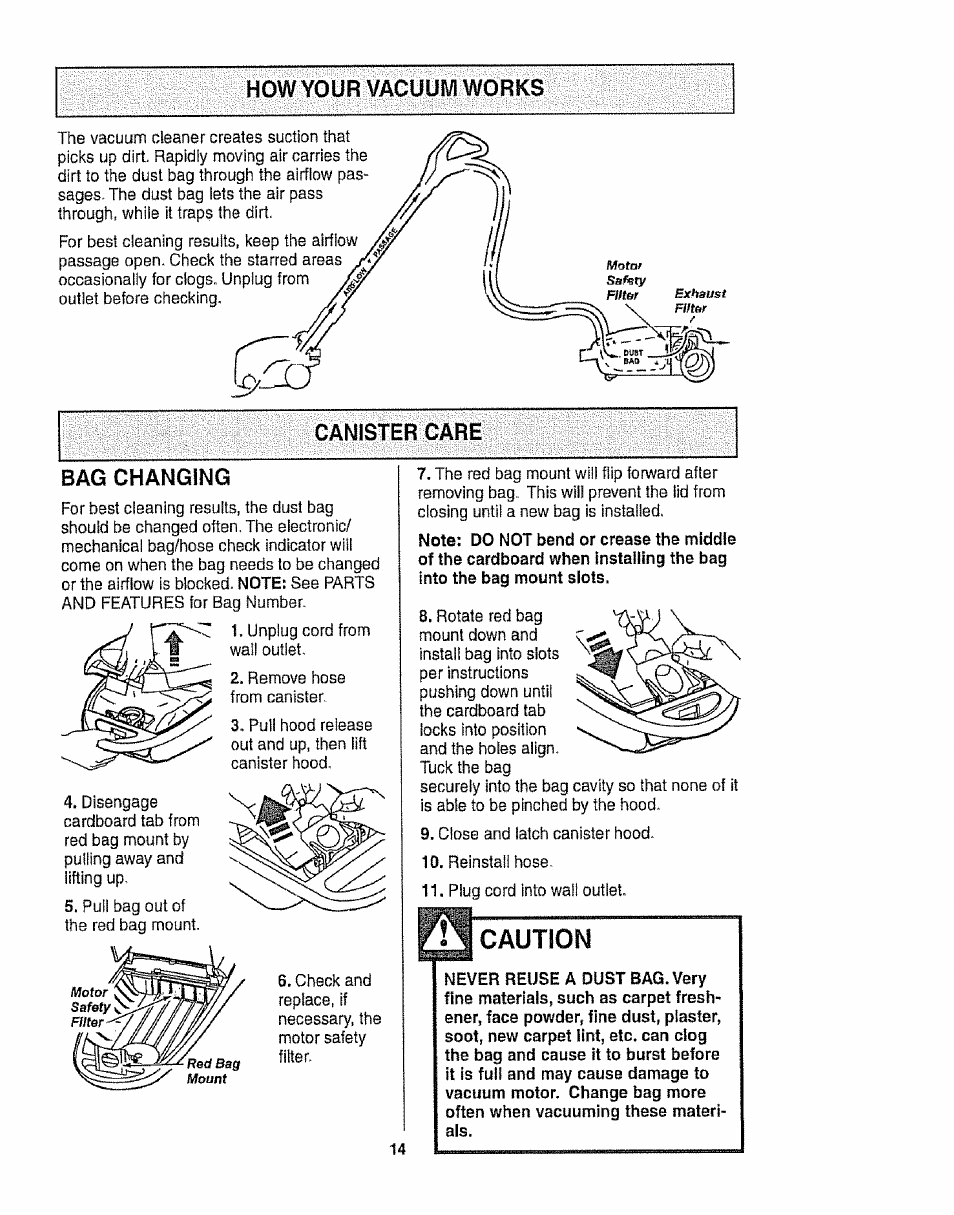 How your vacuuivi works, Canister care, Bag changing | Caution, Canister care bag changing | Kenmore 116.22813 User Manual | Page 14 / 40