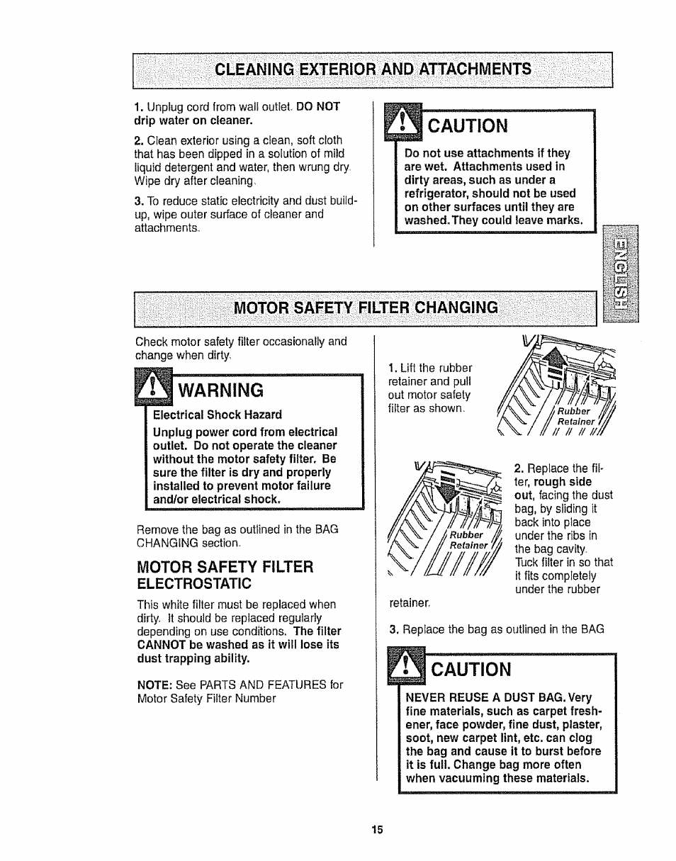 Cleaning exterior and attachments, Motor safety filter changing, Warning | Motor safety filter electrostatic, Caution, Motor safety filter | Kenmore 116.22813 User Manual | Page 15 / 40