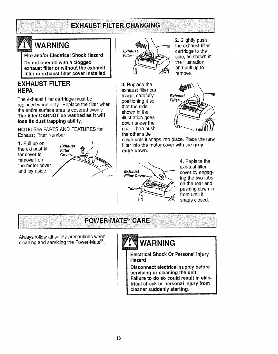 Exhaust filter changing, Warning, Exhaust filter hepa | Power-mate® care, Power»mate® care, L warning | Kenmore 116.22813 User Manual | Page 16 / 40