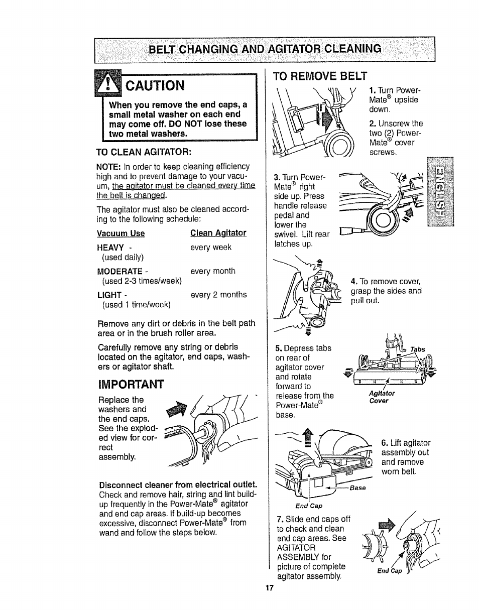 Belt changing and agitator cleaning, To clean agitator, Caution | Important | Kenmore 116.22813 User Manual | Page 17 / 40