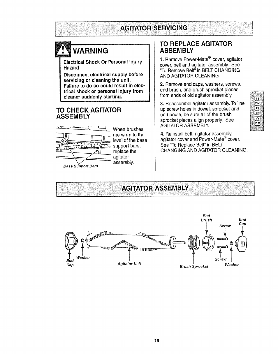 Agitator servicing, Warning, To check agitator assembly | To replace agitator assembly, Agitator assembly, Agitator servicing agitator assembly | Kenmore 116.22813 User Manual | Page 19 / 40