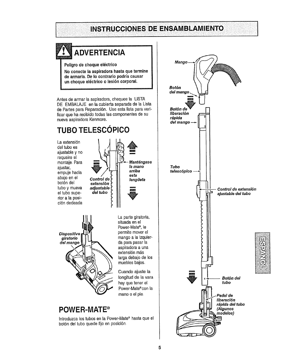 Instrucciones de ensamblamiento, Advertenciâ, Peligro de choque eléctrico | Power-mate, Tubo telescópico | Kenmore 116.22813 User Manual | Page 25 / 40