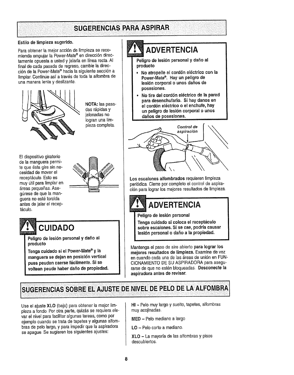 Sugerencias para aspirar, Cuidado, Advertencia | Kenmore 116.22813 User Manual | Page 28 / 40