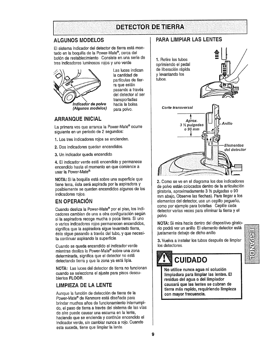 Algunos modelos, Arranque inicial, En operación | Limpieza de la lente, Cuidado, Para limpiar las lentes | Kenmore 116.22813 User Manual | Page 29 / 40