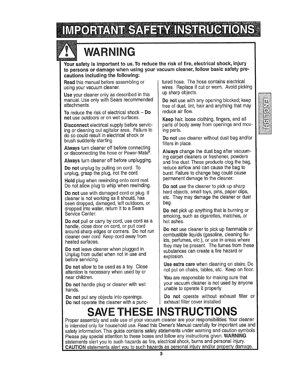 Warning, Save these instructions | Kenmore 116.22813 User Manual | Page 3 / 40
