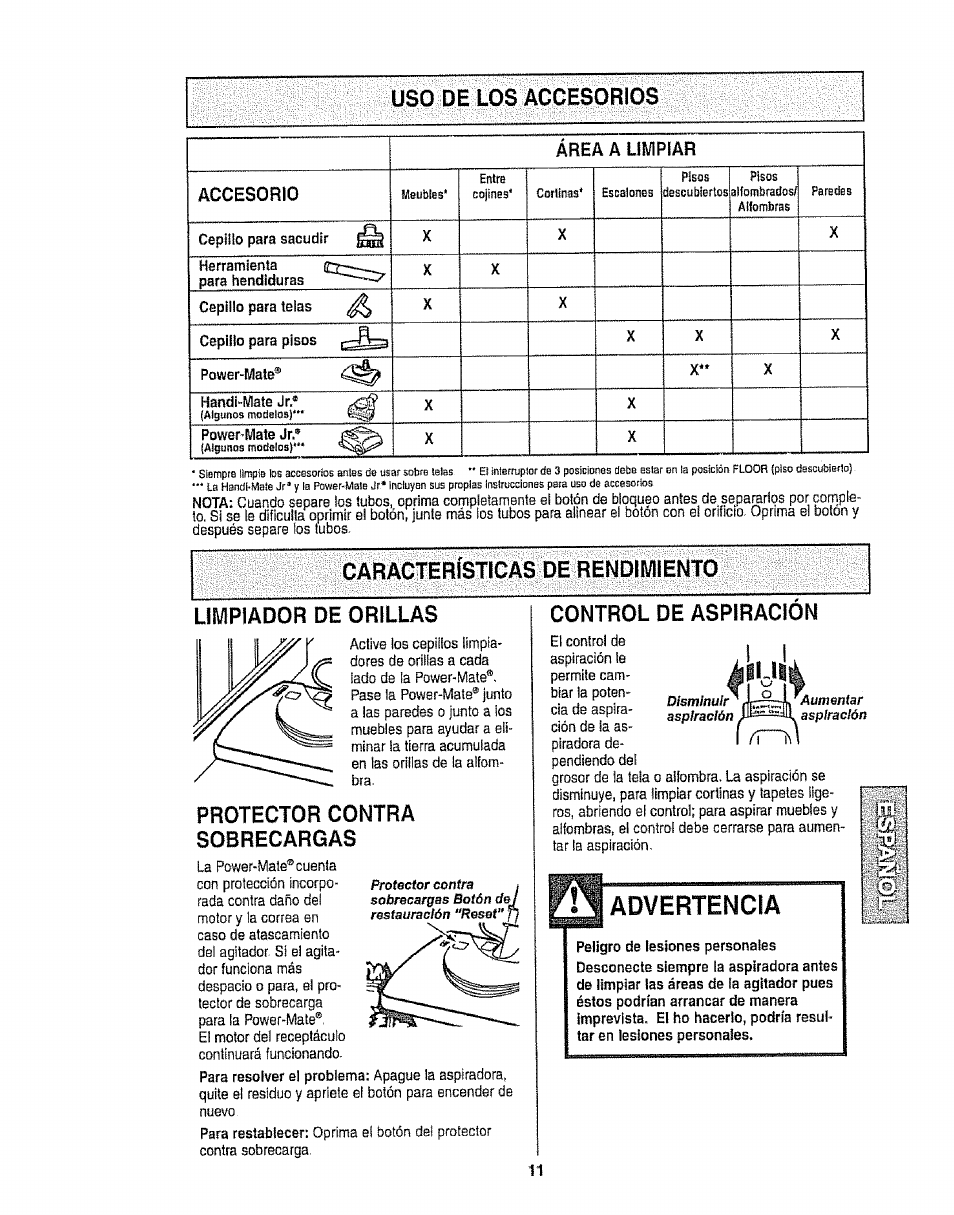 Características de rendimiento, Limpiador de orillas, Protector contra sobrecargas | Control de aspiracion, Advertencia, Características de rendimiento -12, De los accesorios, Área a limpiar accesorio | Kenmore 116.22813 User Manual | Page 31 / 40