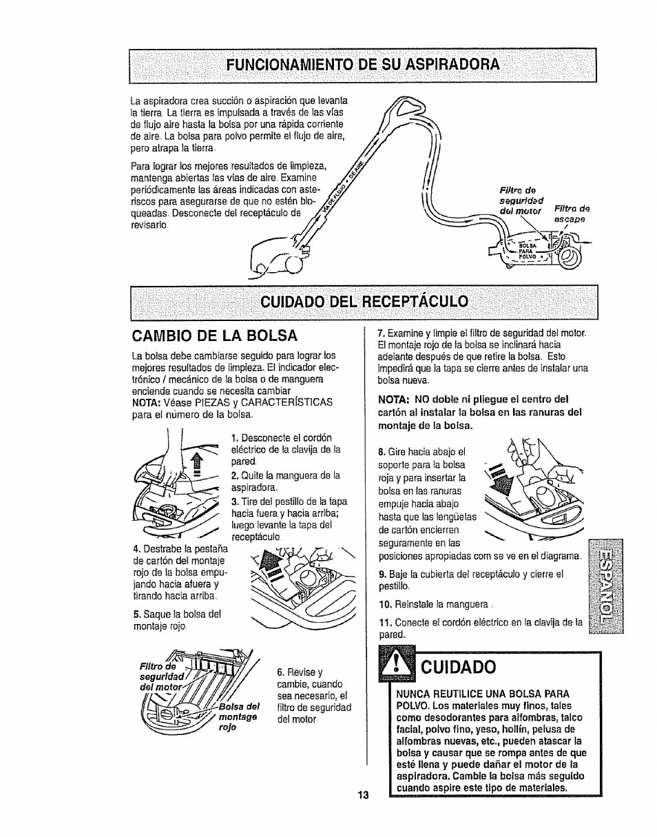 Funcíonayiento de su aspiradora, Cuidado del receptaculo, Cambio de la bolsa | Ouidado, Funcionamiento de su aspiradora, Cuidado del receptáculo, I íú), Cuidado del receptaculo cambio de la bolsa | Kenmore 116.22813 User Manual | Page 33 / 40