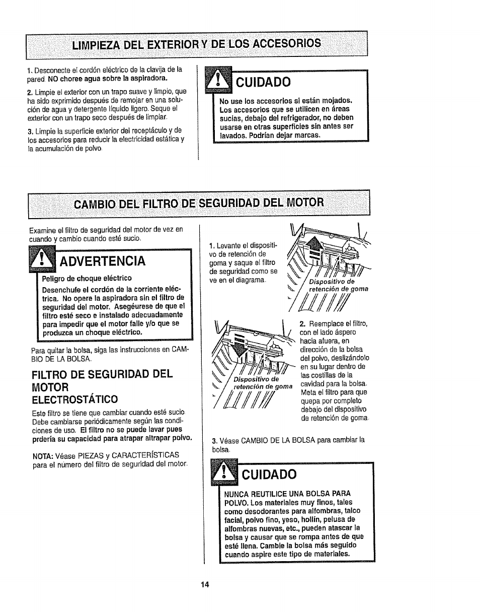 Cuidado, Cambio del filtro de seguridad del motor, Advertencia | Limpieza del exterior y de los accesorios, Filtro de seguridad del motor electrostático | Kenmore 116.22813 User Manual | Page 34 / 40