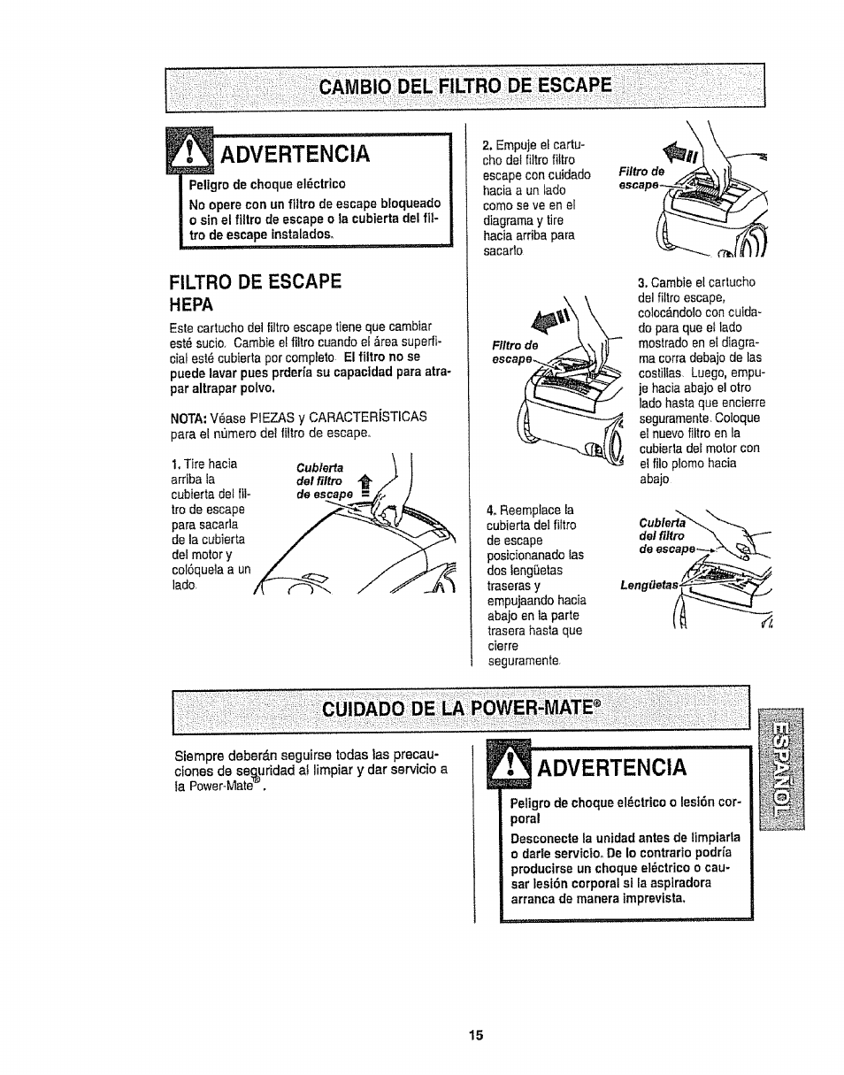 Cambio del filtro de escape, Filtro de escape hepa, Cuidado de la power-iviate | Cuidado de la power-mate, L advertencia, Advertencia | Kenmore 116.22813 User Manual | Page 35 / 40