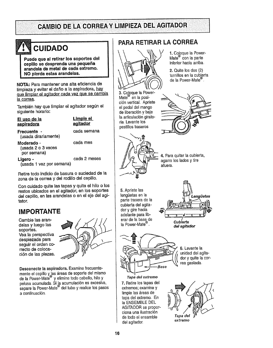 Cambio de la correay limpieza del agitador, Agitador, Importante | Para retirar la correa, Cuidado | Kenmore 116.22813 User Manual | Page 36 / 40