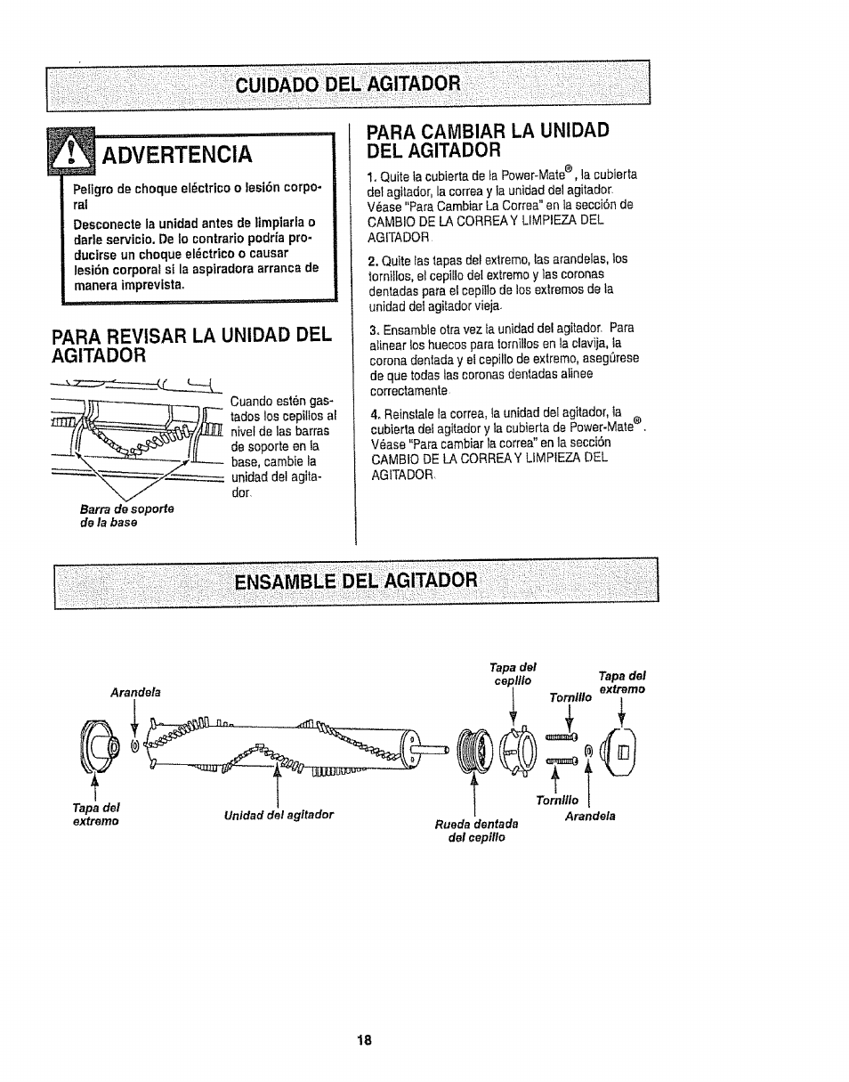 Cuidado del agitador, Para revisar la unidad del agitador, Para cambiar la unidad del agitador | Ensamble del agitador, Advertencia, Ensamble del agitador ia | Kenmore 116.22813 User Manual | Page 38 / 40