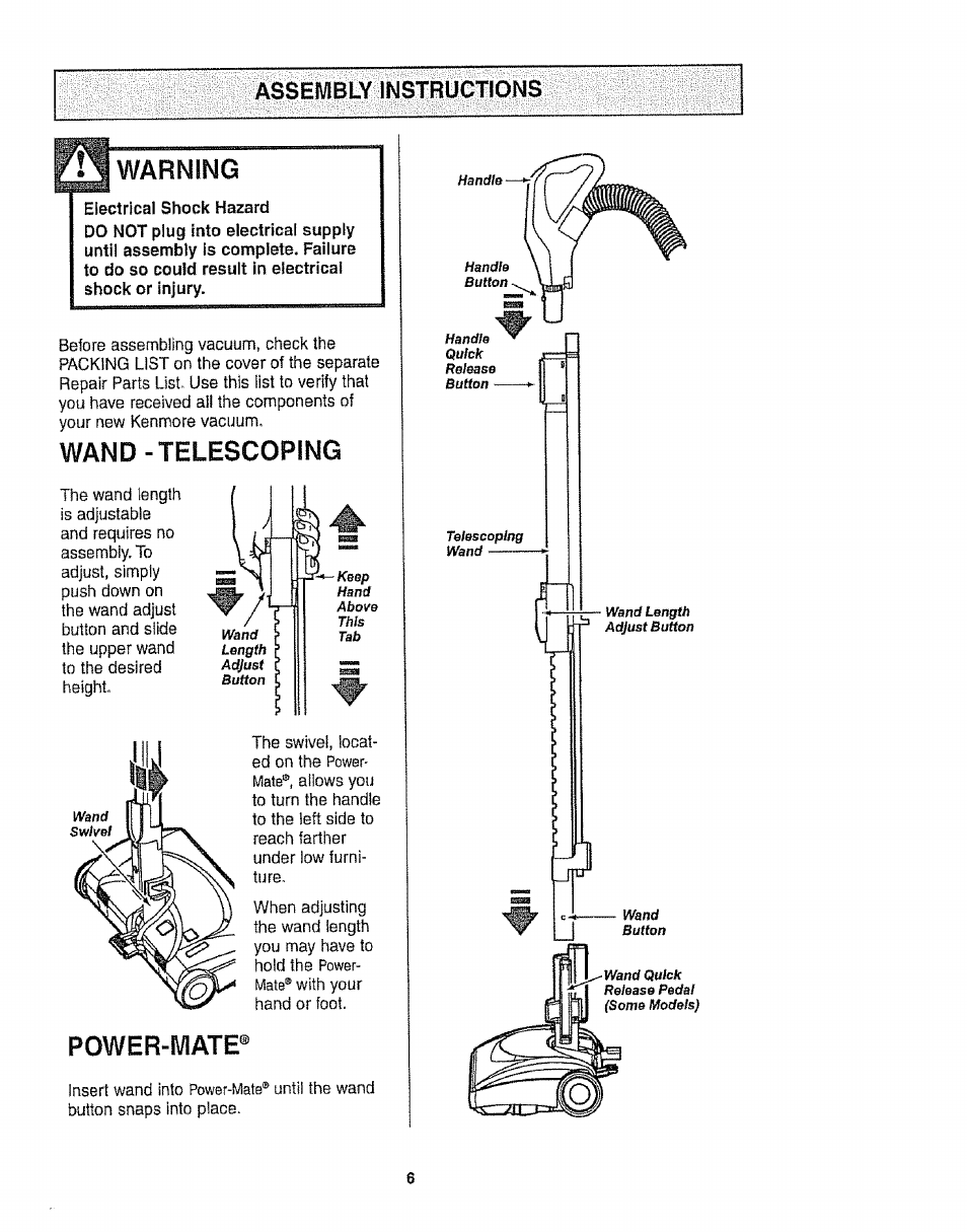 Assembly instructions, Warning, Power-mate | Assembly, Instructions, Wand-telescoping | Kenmore 116.22813 User Manual | Page 6 / 40