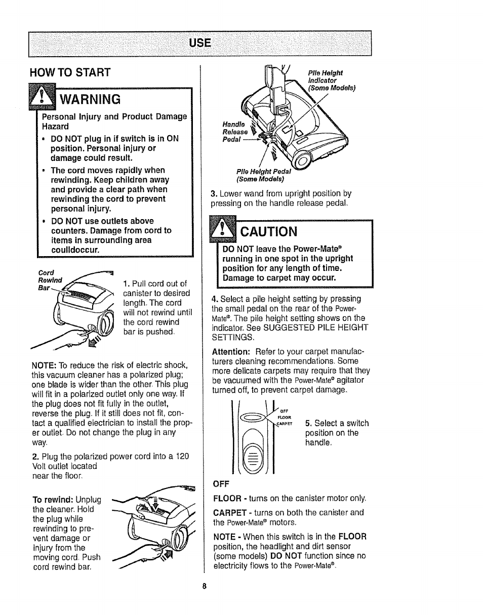 How to start, Caution, Warning | Use how to start | Kenmore 116.22813 User Manual | Page 8 / 40