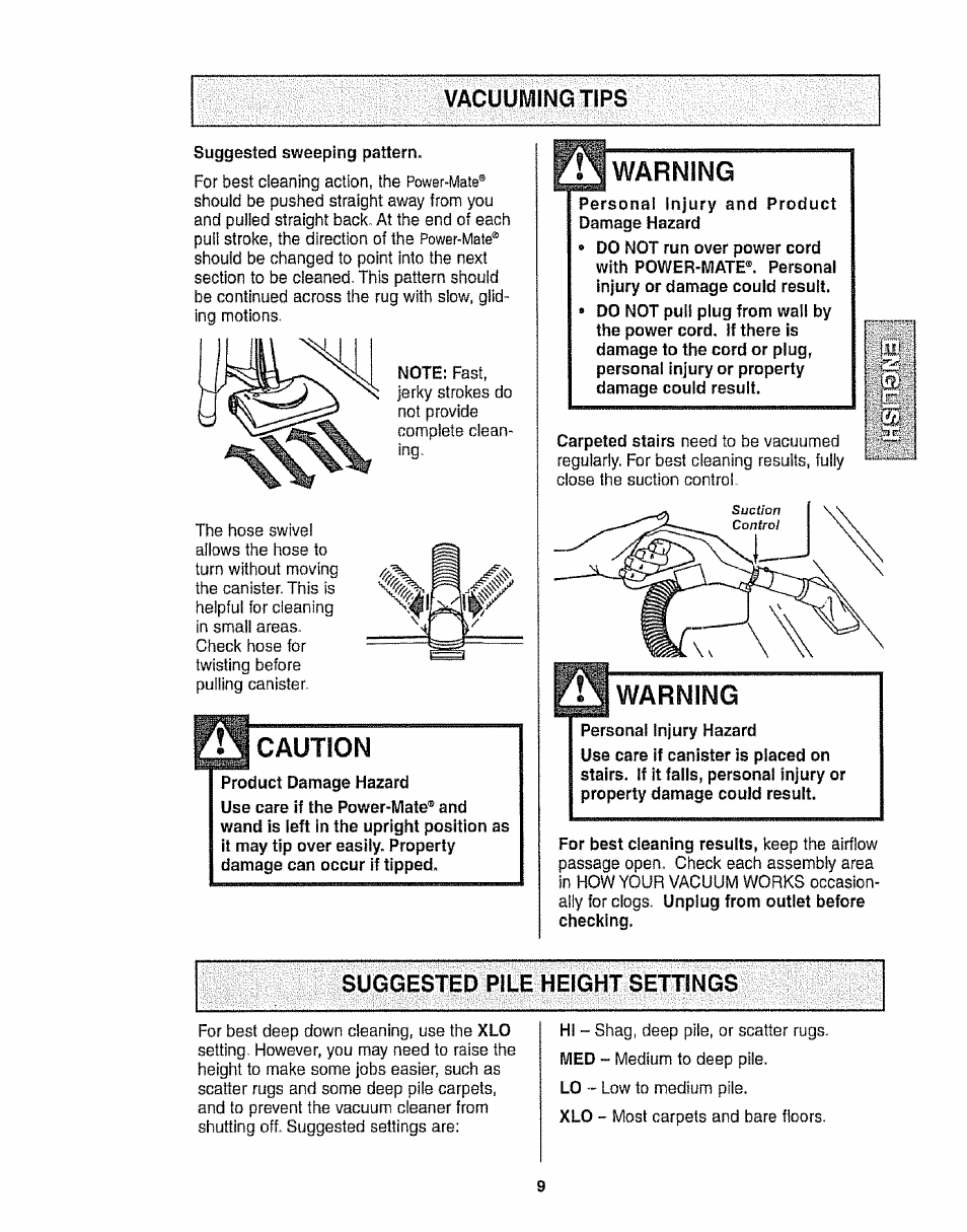 Vacuuivlingtips, Warning, Caution | Rj warning | Kenmore 116.22813 User Manual | Page 9 / 40