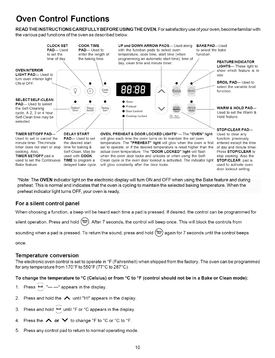 For a silent control panel, Temperature conversion, Oven control functions | Kenmore 790.7872 User Manual | Page 10 / 24