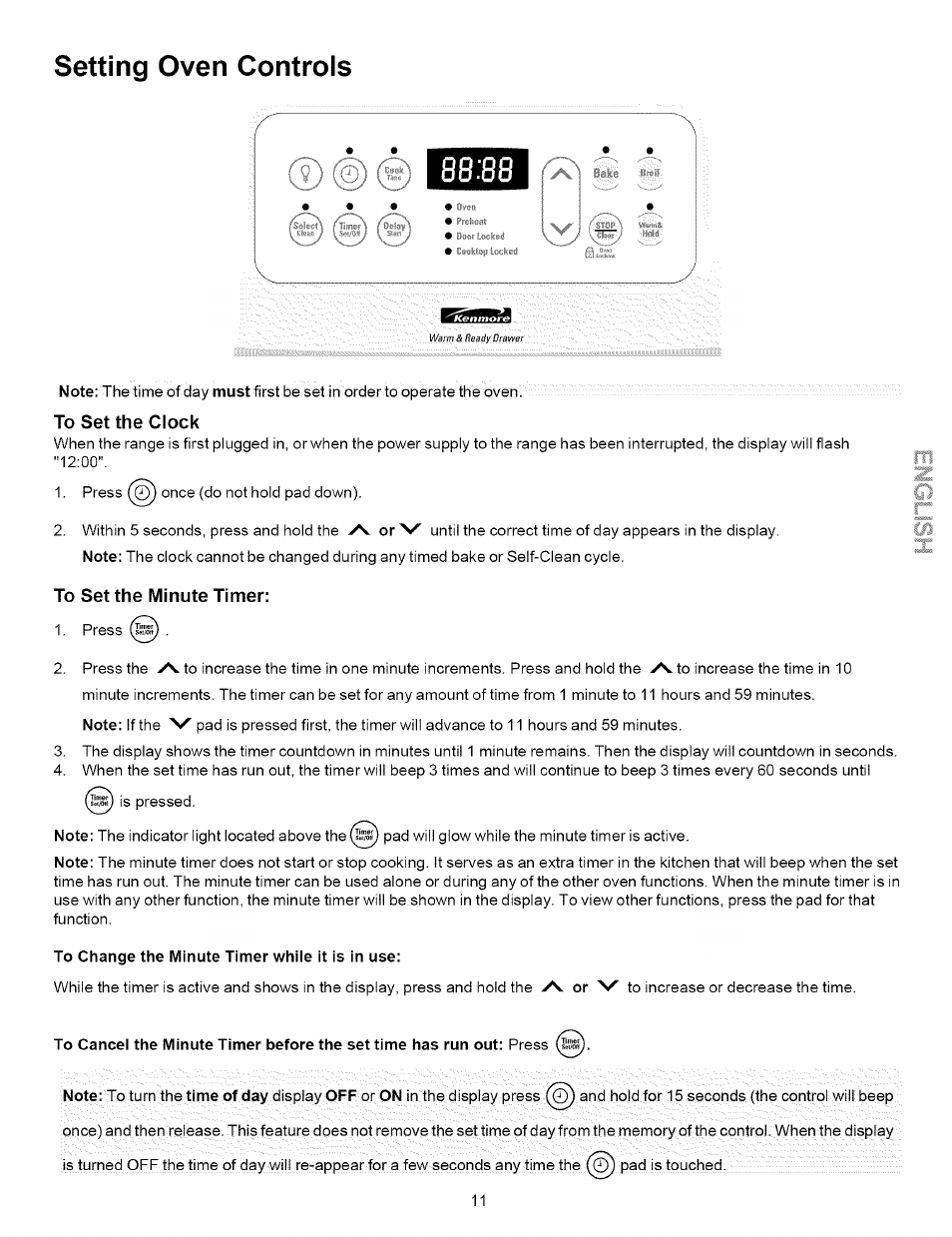 To set the clock, To set the minute timer, Setting oven controls | Kenmore 790.7872 User Manual | Page 11 / 24