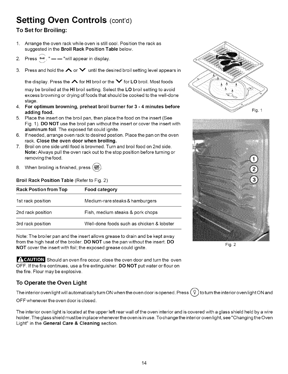 To set for broiling, To operate the oven light, Setting oven controls | Cont d) | Kenmore 790.7872 User Manual | Page 14 / 24
