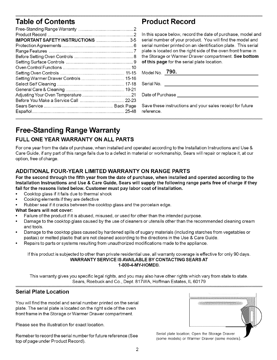 Full one year warranty on all parts, Serial plate location, Table of contents product record | Free-standing range warranty | Kenmore 790.7872 User Manual | Page 2 / 24