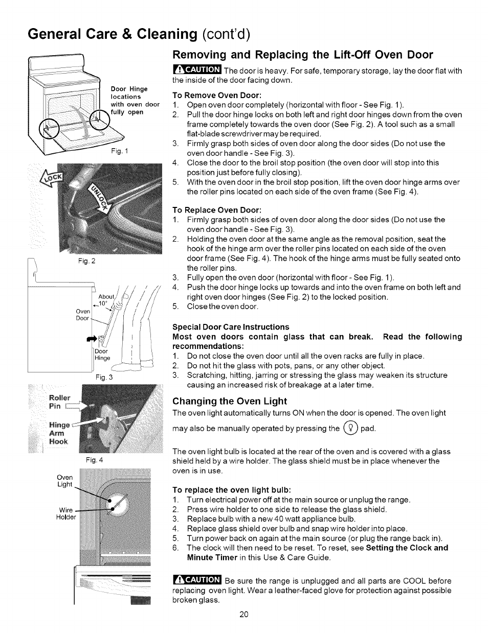 Removing and replacing the lift-off oven door, Changing the oven light, Caution | General care & cleaning (cont’d) | Kenmore 790.7872 User Manual | Page 20 / 24