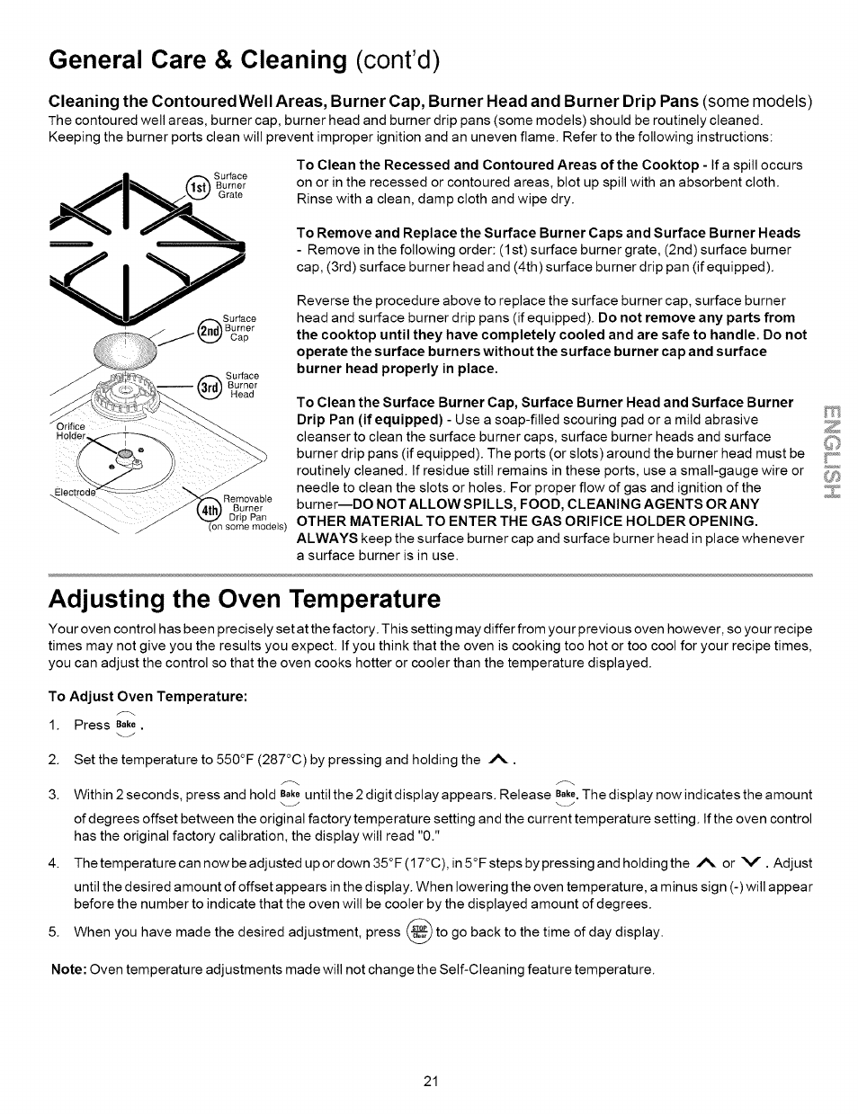 General care & cleaning (cont’d), Adjusting the oven temperature | Kenmore 790.7872 User Manual | Page 21 / 24