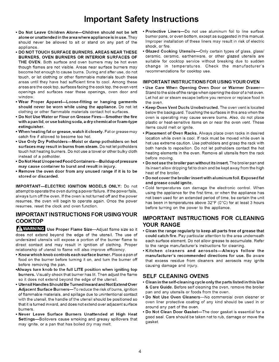 Important instructions for usingyour cooktop, Important instructions for using your oven, Important instructions for cleaning your range | Self cleaning ovens, Important safety instructions | Kenmore 790.7872 User Manual | Page 4 / 24
