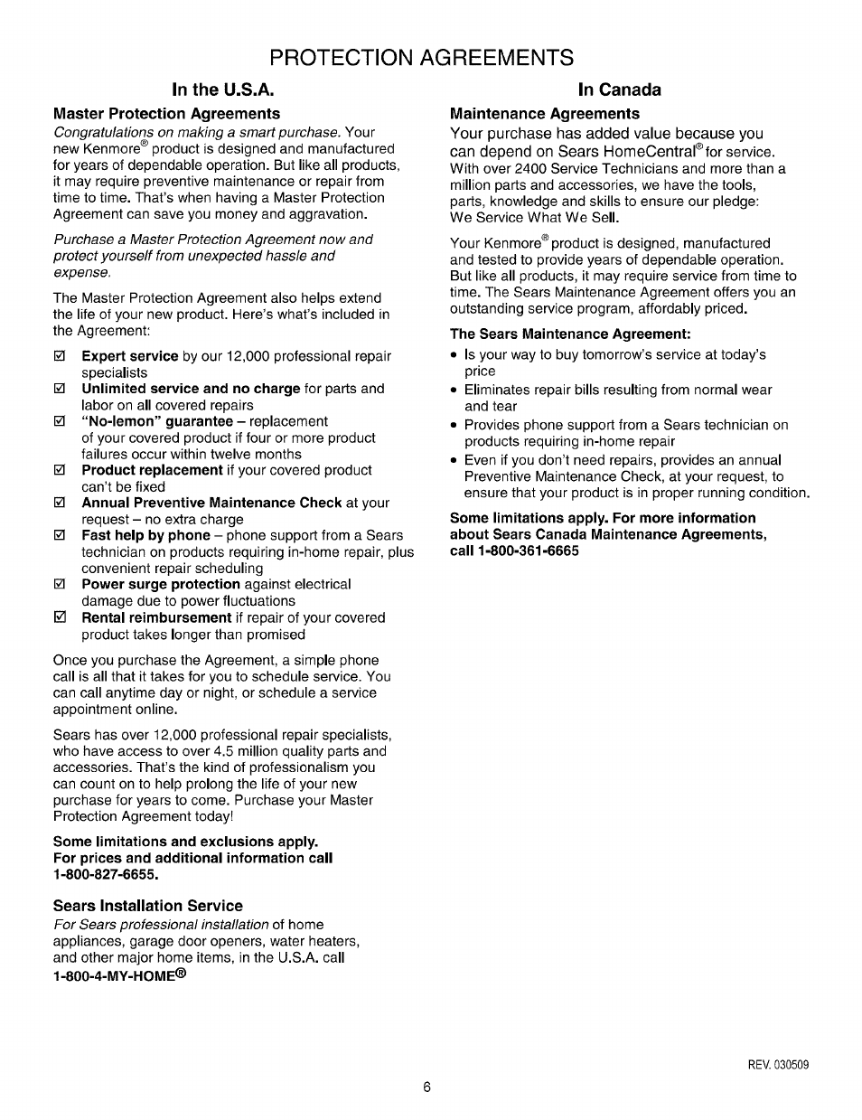 In the u.s.a, Master protection agreements, Sears installation service | In canada, Maintenance agreements, Protection agreements | Kenmore 790.7872 User Manual | Page 6 / 24