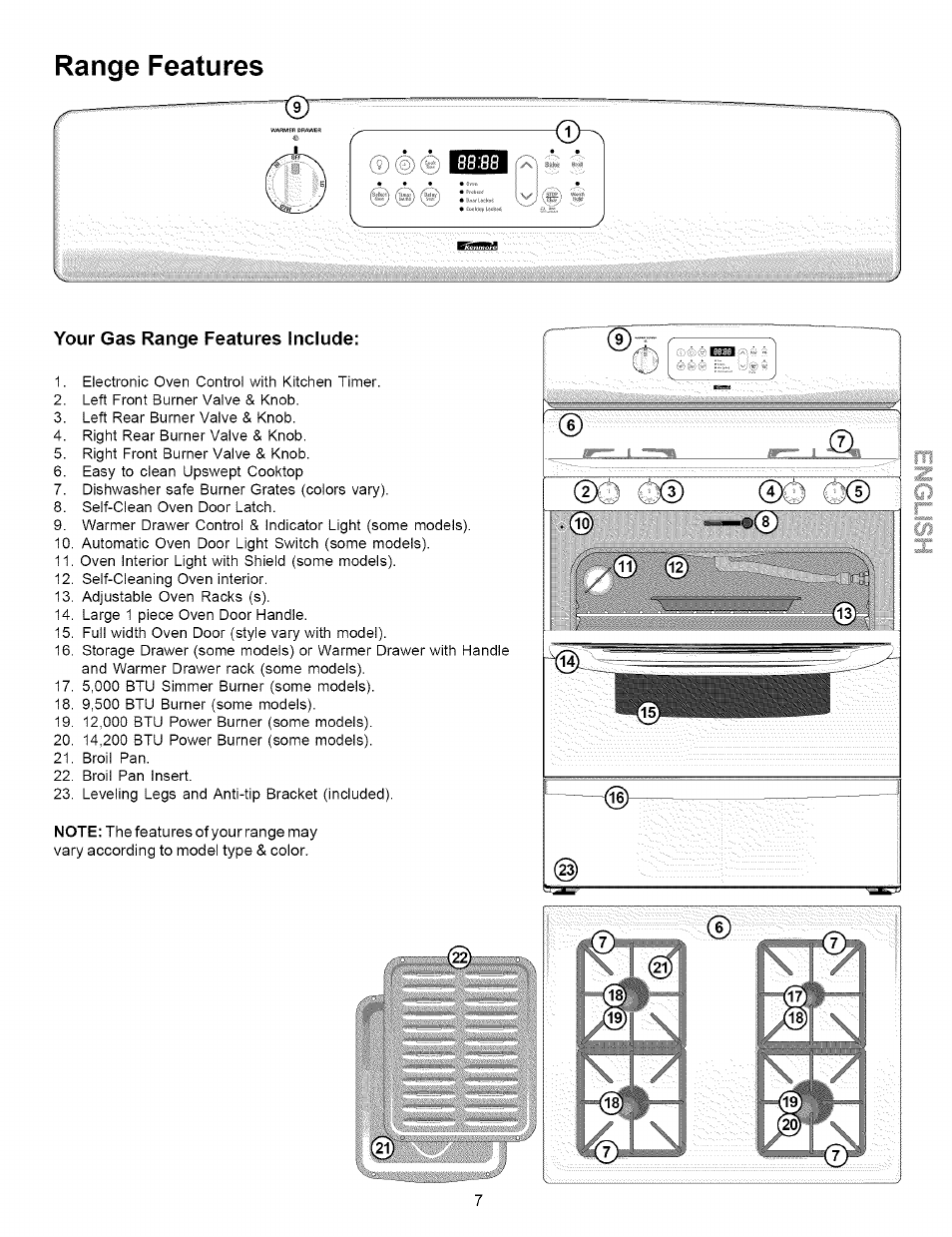 Your gas range features include, Range features | Kenmore 790.7872 User Manual | Page 7 / 24