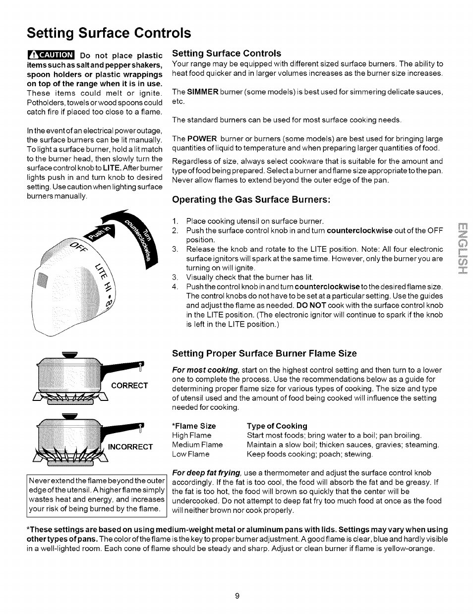 Setting surface controls, Operating the gas surface burners, Setting proper surface burner flame size | Kenmore 790.7872 User Manual | Page 9 / 24