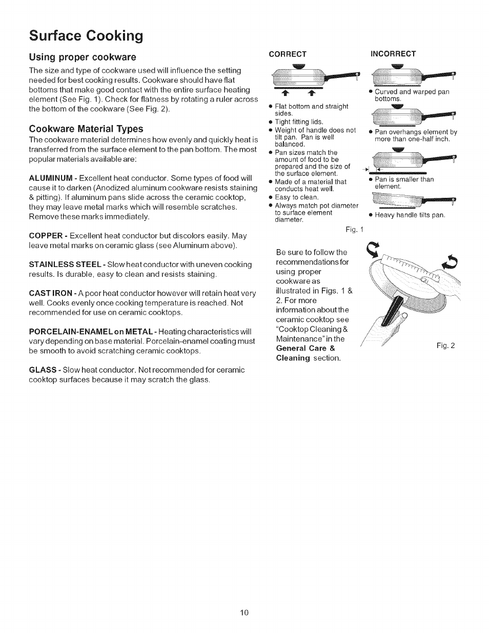 Correct, Incorrect, Surface cooking | Using proper cookware, Cookware material types | Kenmore 790.9403 User Manual | Page 10 / 26