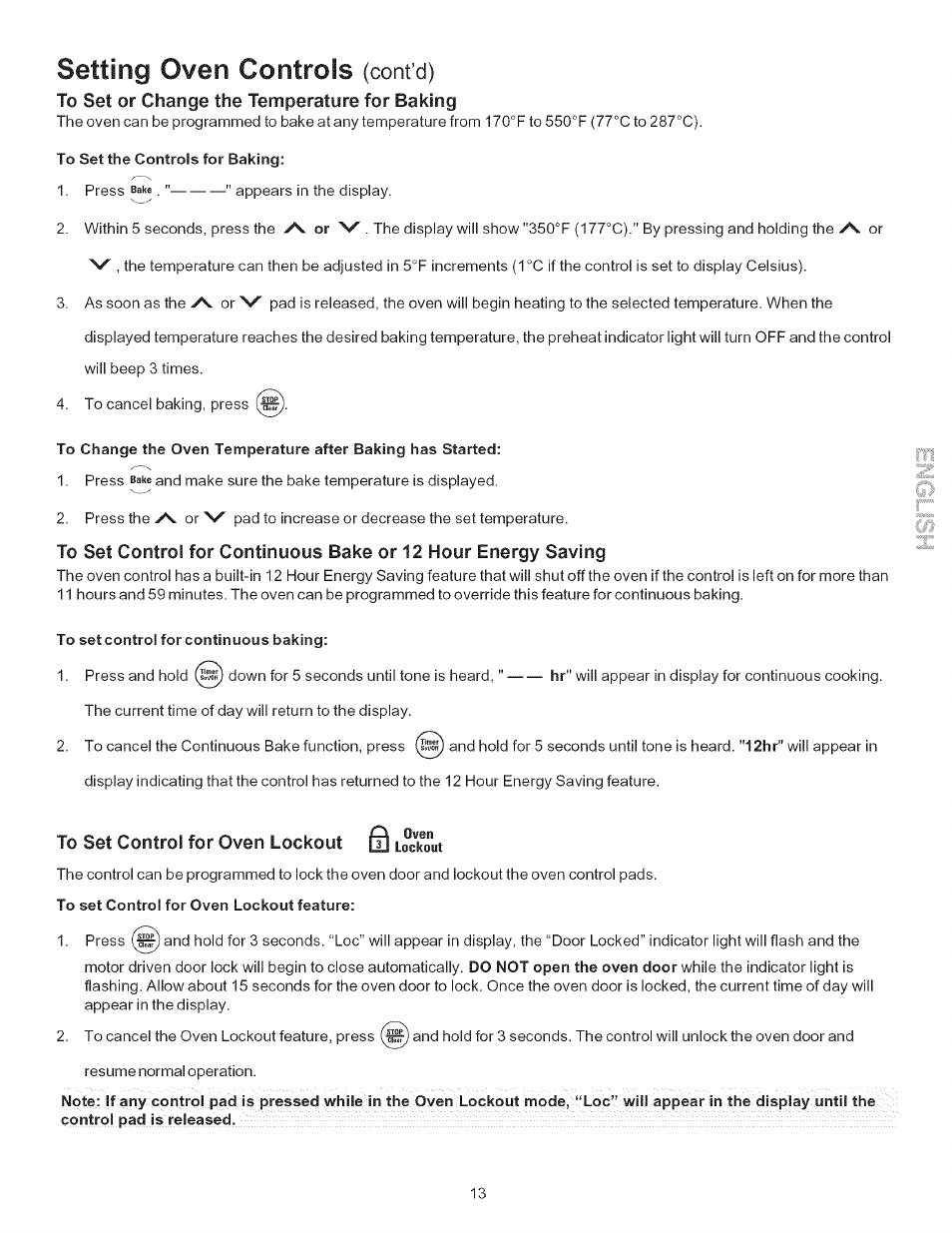 To set control for continuous baking, To set control for oven lockout feature, Setting oven controls | Cont’d) | Kenmore 790.9403 User Manual | Page 13 / 26