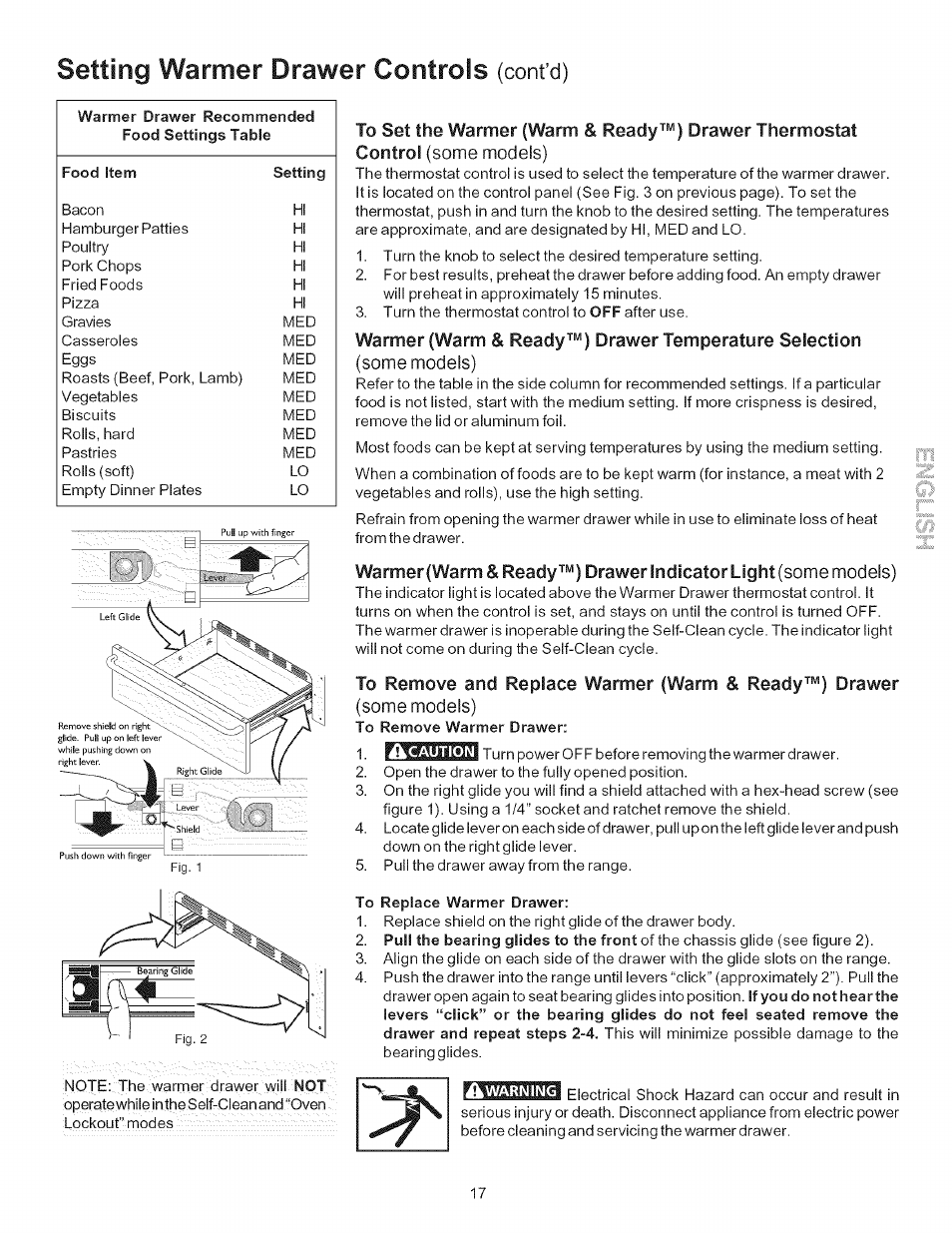 To replace warmer drawer, Setting warmer drawer controls, Cont’d) | Kenmore 790.9403 User Manual | Page 17 / 26