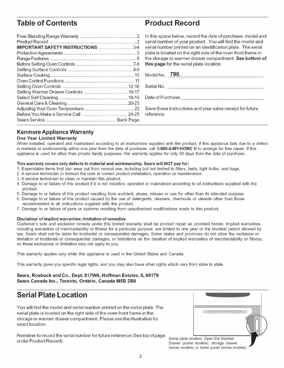 Table of contents prod yet record, Serial plate location | Kenmore 790.9403 User Manual | Page 2 / 26