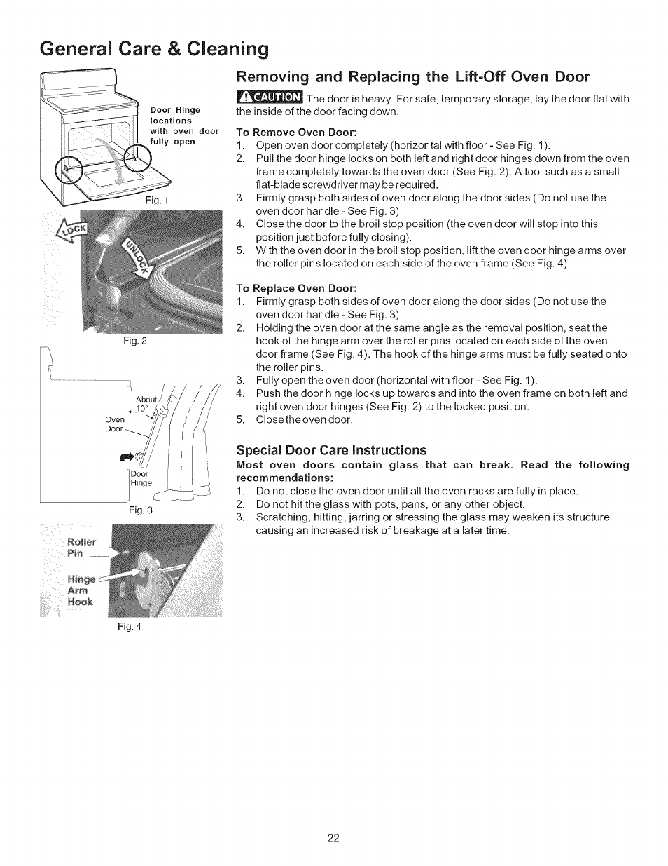 To remove oven door, Replace oven door, General care & cleaning | Removing and replacing the lift-off oven door, Special door care instructions | Kenmore 790.9403 User Manual | Page 22 / 26