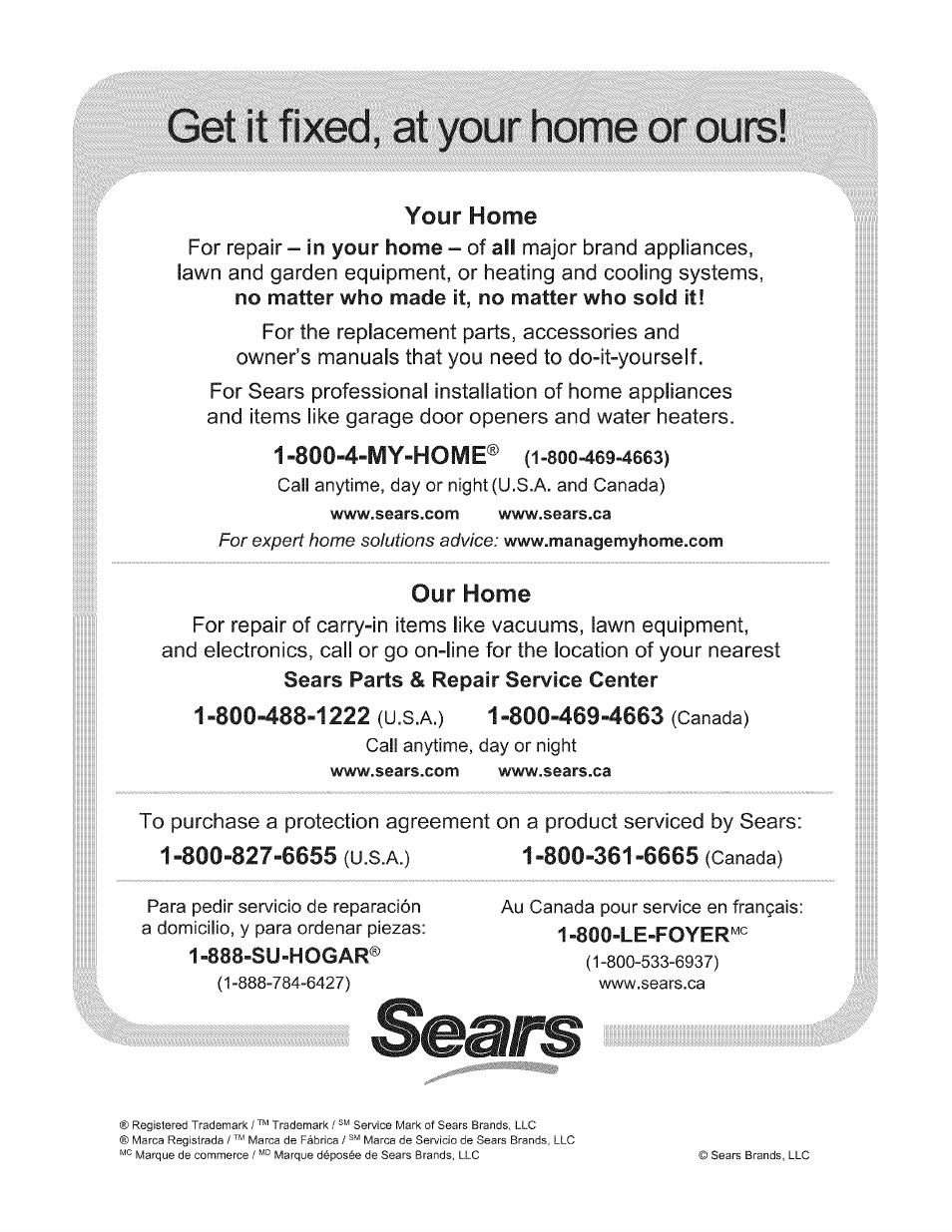 888-su-hogar, Your home, Our home | Kenmore 790.9403 User Manual | Page 26 / 26