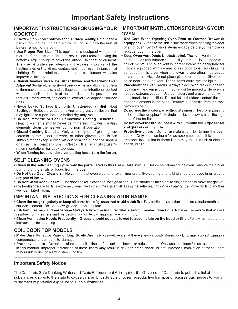 Importaot safety instructions, Important instructions for using your oven, Self cleaning ovens | Important instructions for cleaning your range, Coil cook top models, Important safety notice, Important instructions for using your cooktop | Kenmore 790.9403 User Manual | Page 4 / 26
