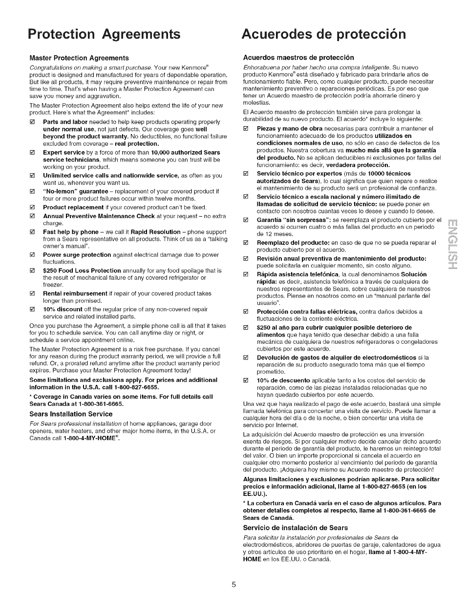 Protection agreements acuerodes de protección, Master protection agreements, Sears installation service | Acuerdos maestros de protección, Servicio de instalación de sears | Kenmore 790.9403 User Manual | Page 5 / 26