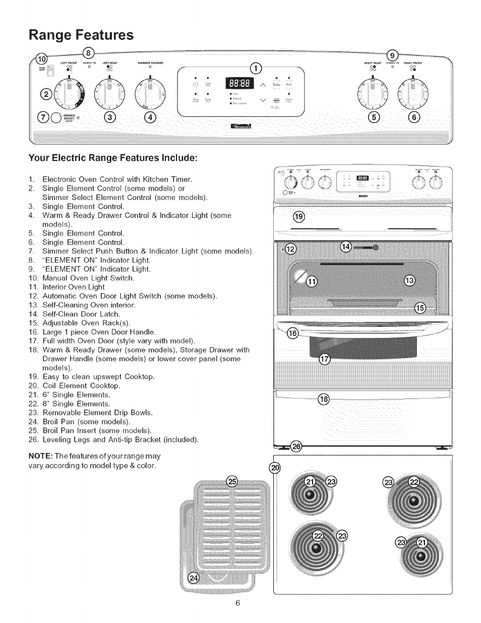 Range features, Your electric range features include | Kenmore 790.9403 User Manual | Page 6 / 26