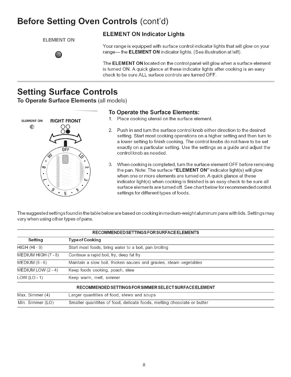 Before setting oven controls (cont’d), Setting surface controls, Element on indicator lights | Kenmore 790.9403 User Manual | Page 8 / 26