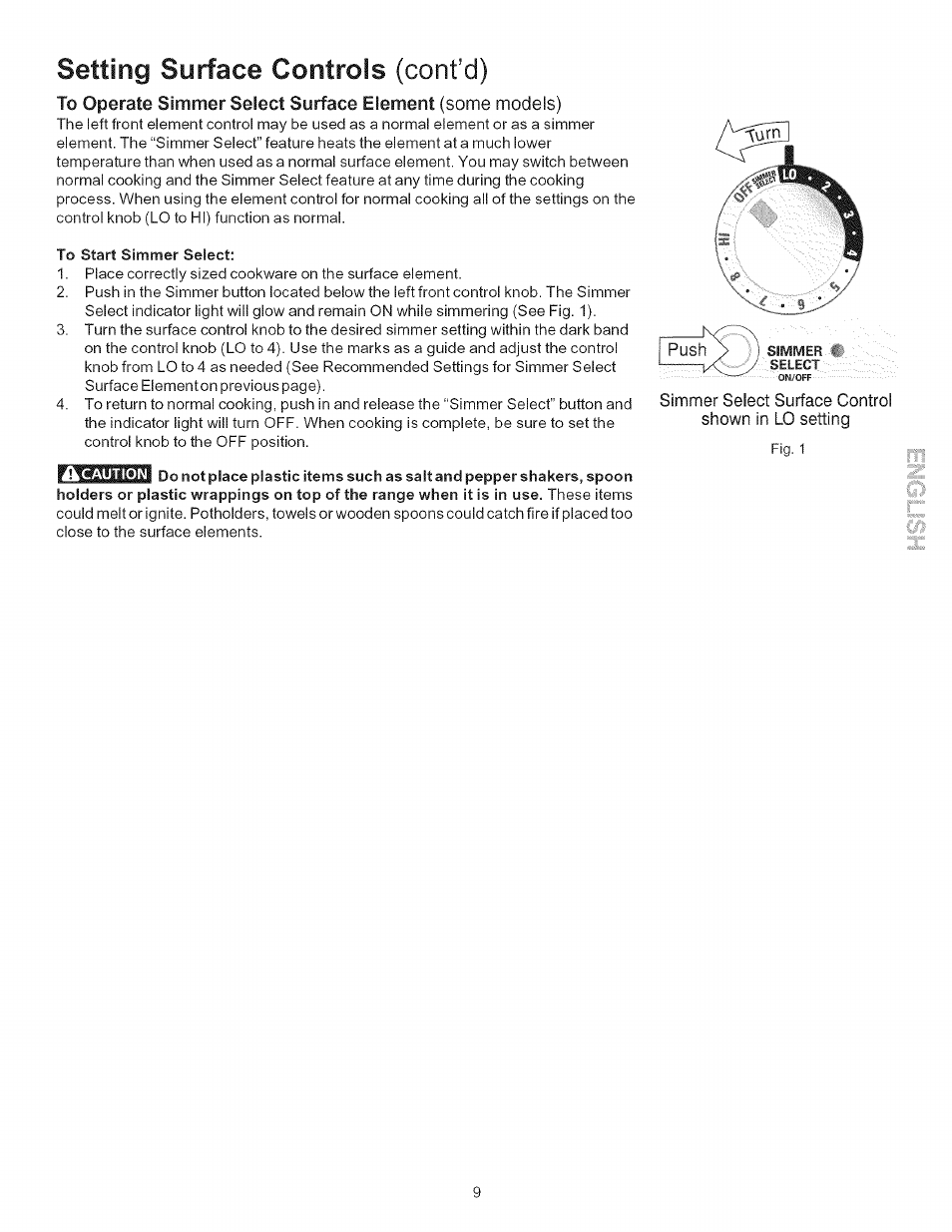 To start simmer select, Setting surface controls, Simmer select | Control shown in lo setting | Kenmore 790.9403 User Manual | Page 9 / 26