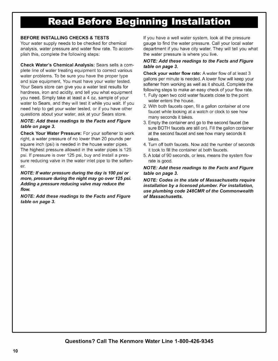 Read before beginning installation, Before installing checks & tests | Kenmore INTELLISOFT 420 SERIES 625.38426 User Manual | Page 10 / 52