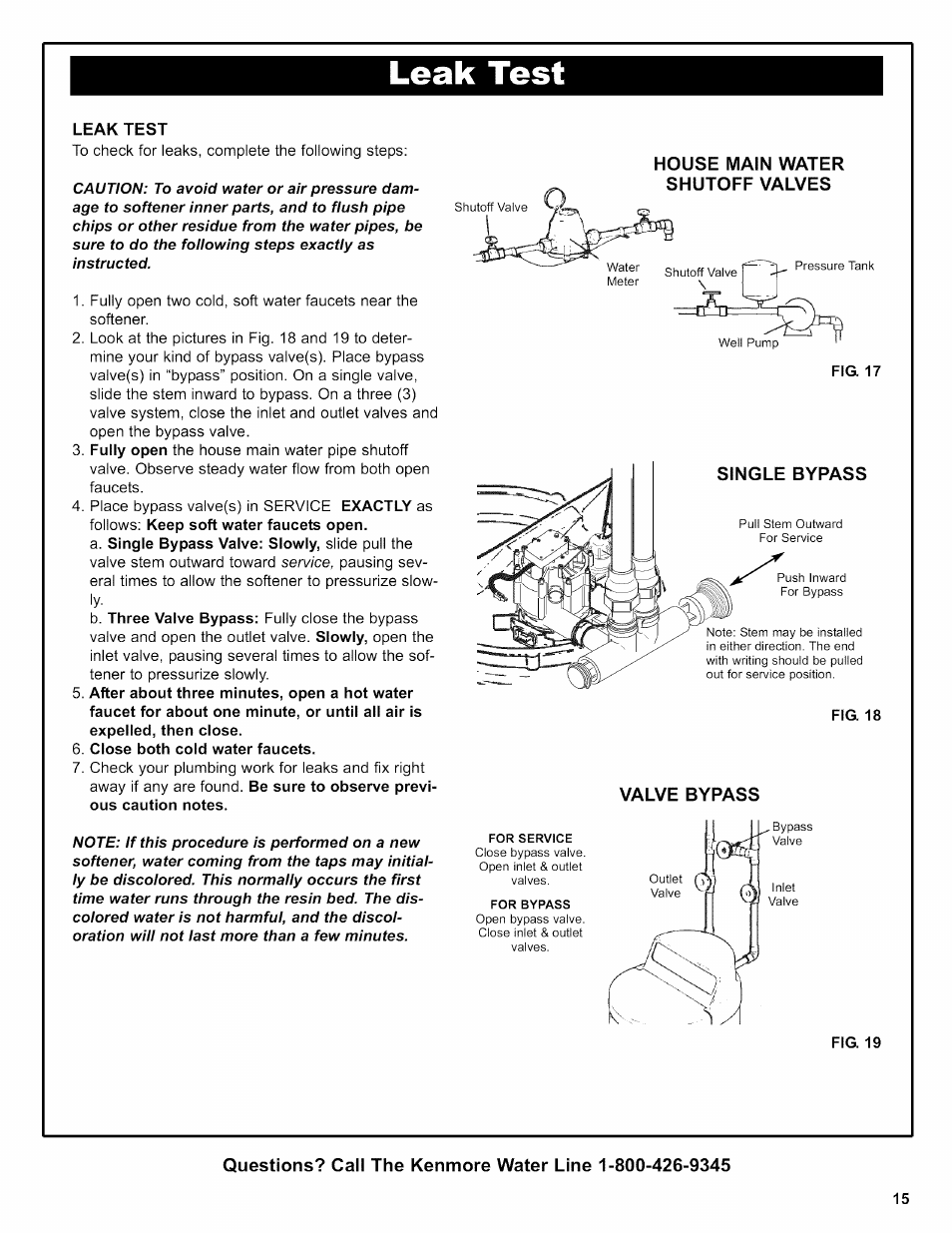 Leak test, Close both cold water faucets, House main water | Valve bypass, Fig. 19 | Kenmore INTELLISOFT 420 SERIES 625.38426 User Manual | Page 15 / 52