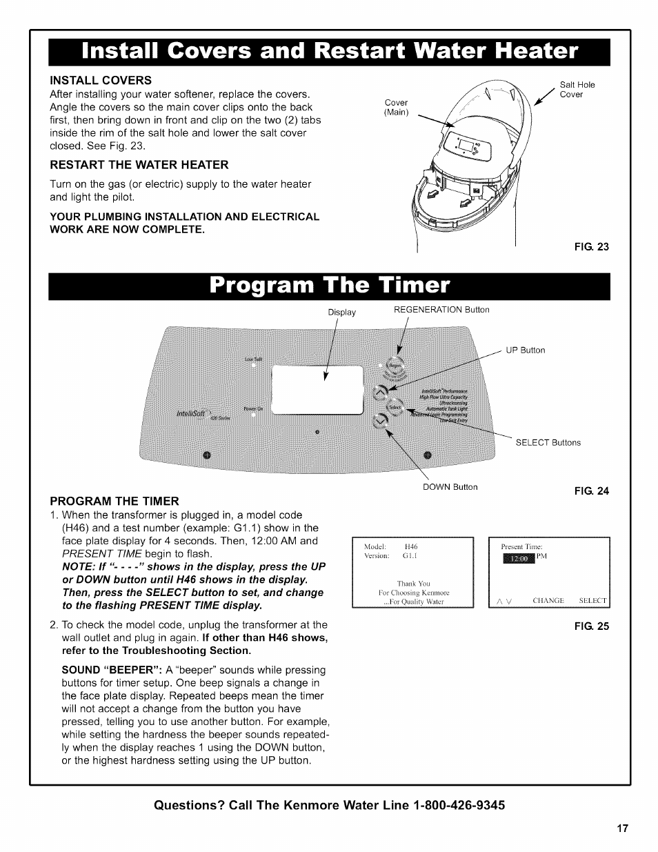 Install covers and restart water heater, Install covers, Restart the water heater | Program the timer, Fig. 24, Fig. 25 | Kenmore INTELLISOFT 420 SERIES 625.38426 User Manual | Page 17 / 52