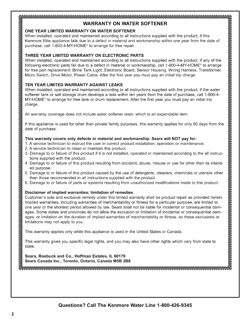 Warranty on water softener, One year limited warranty on water softener, Three year limited warranty on electronic farts | Ten year limited warranty against leaks | Kenmore INTELLISOFT 420 SERIES 625.38426 User Manual | Page 2 / 52