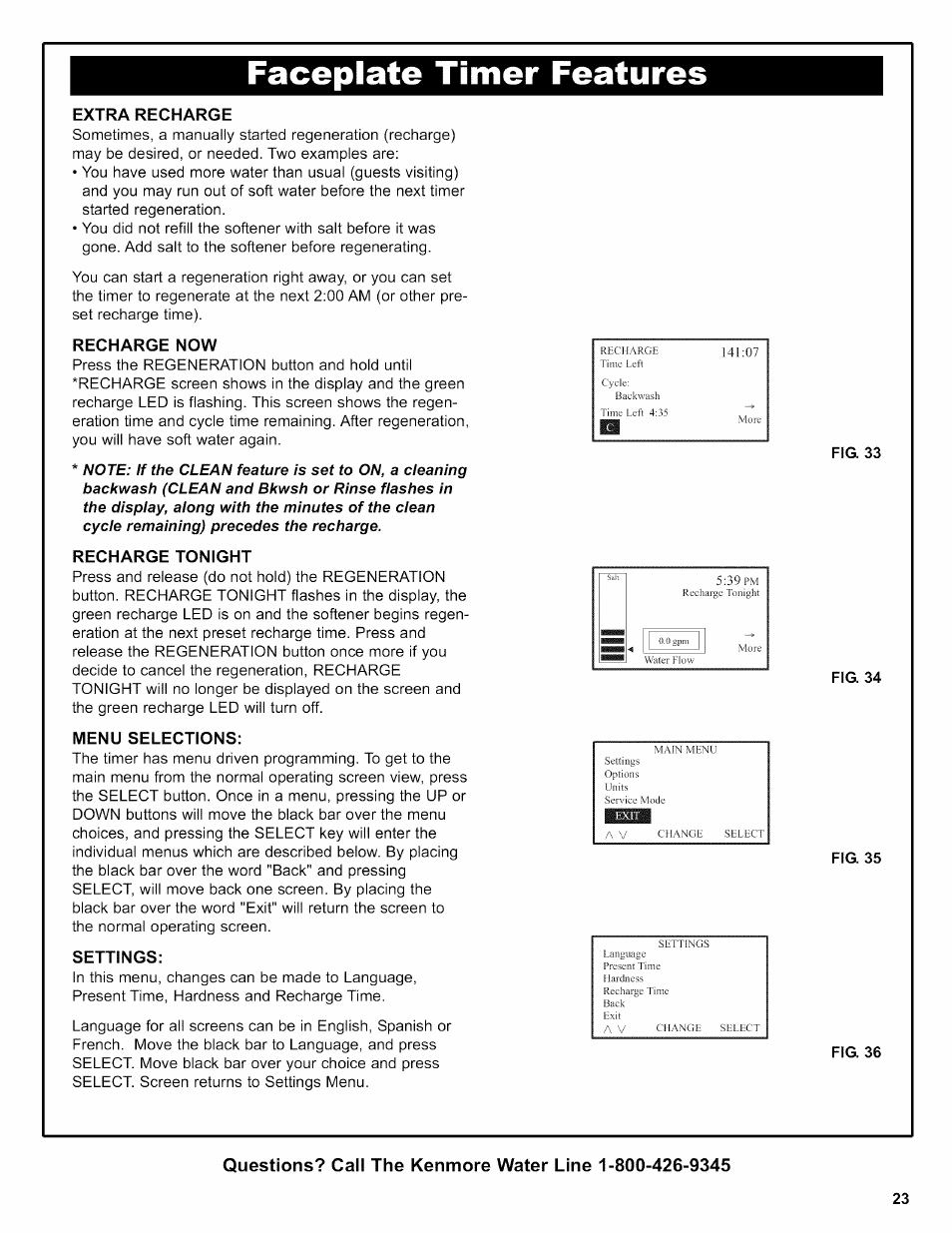 Extra recharge, Recharge now, Recharge tonight | Menu selections, Settings, Fig. 33, Fig. 34, Fig. 35, Fig. 36, Faceplate timer features | Kenmore INTELLISOFT 420 SERIES 625.38426 User Manual | Page 23 / 52