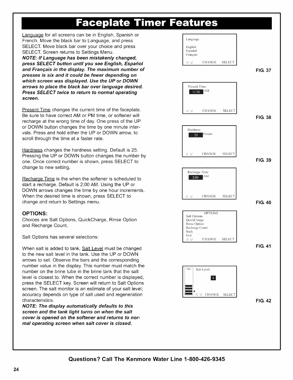 Fig. 38, Fig. 39, Fig. 40 | Options, Fig. 41, Fig. 42, Faceplate timer features | Kenmore INTELLISOFT 420 SERIES 625.38426 User Manual | Page 24 / 52