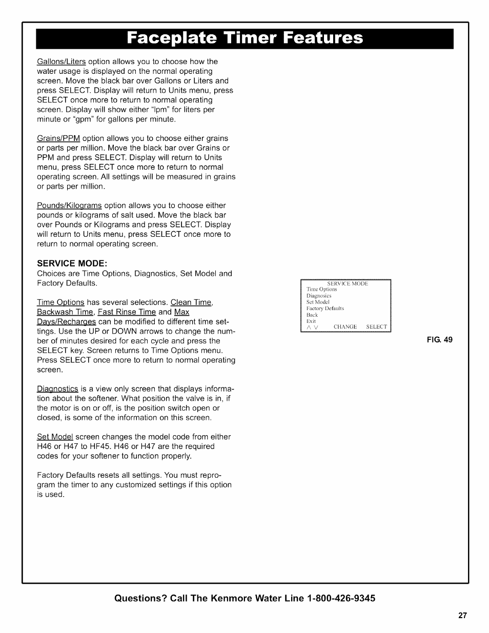 Service mode, Faceplate timer features | Kenmore INTELLISOFT 420 SERIES 625.38426 User Manual | Page 27 / 52