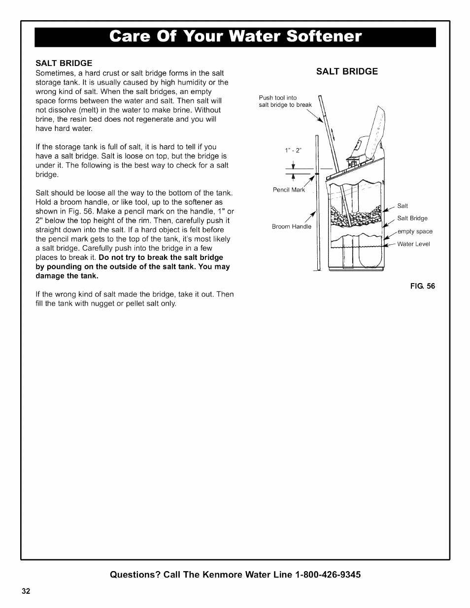 Salt bridge, Care of your water softener | Kenmore INTELLISOFT 420 SERIES 625.38426 User Manual | Page 32 / 52