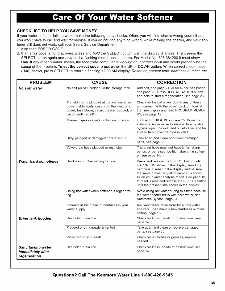 Checklist to help you save money, Care of your water softener, No soft water | Water hard sometimes, Brine tank fiooded, Saity tasting water immediateiy after regeneration | Kenmore INTELLISOFT 420 SERIES 625.38426 User Manual | Page 35 / 52