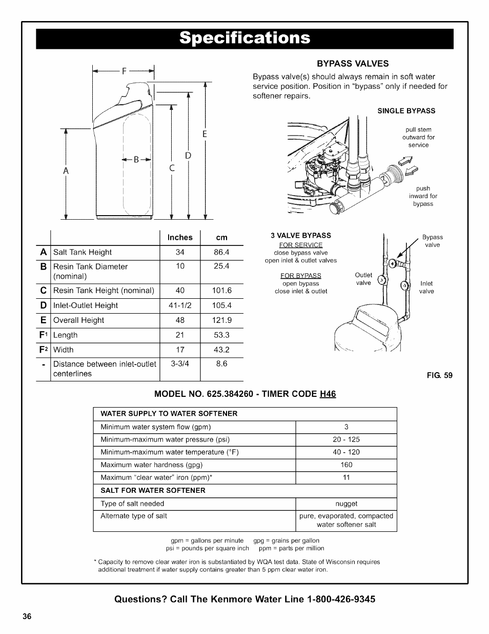 Bypass valves, Fig. 59, Model no. 625.384260 - timer code h46 | Il— g —j | Kenmore INTELLISOFT 420 SERIES 625.38426 User Manual | Page 36 / 52