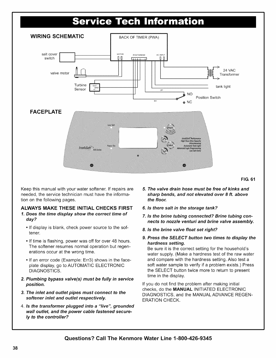 Faceplate, Fig. 61, Always make these initial checks first | Does the time display show the correct time of day | Kenmore INTELLISOFT 420 SERIES 625.38426 User Manual | Page 38 / 52